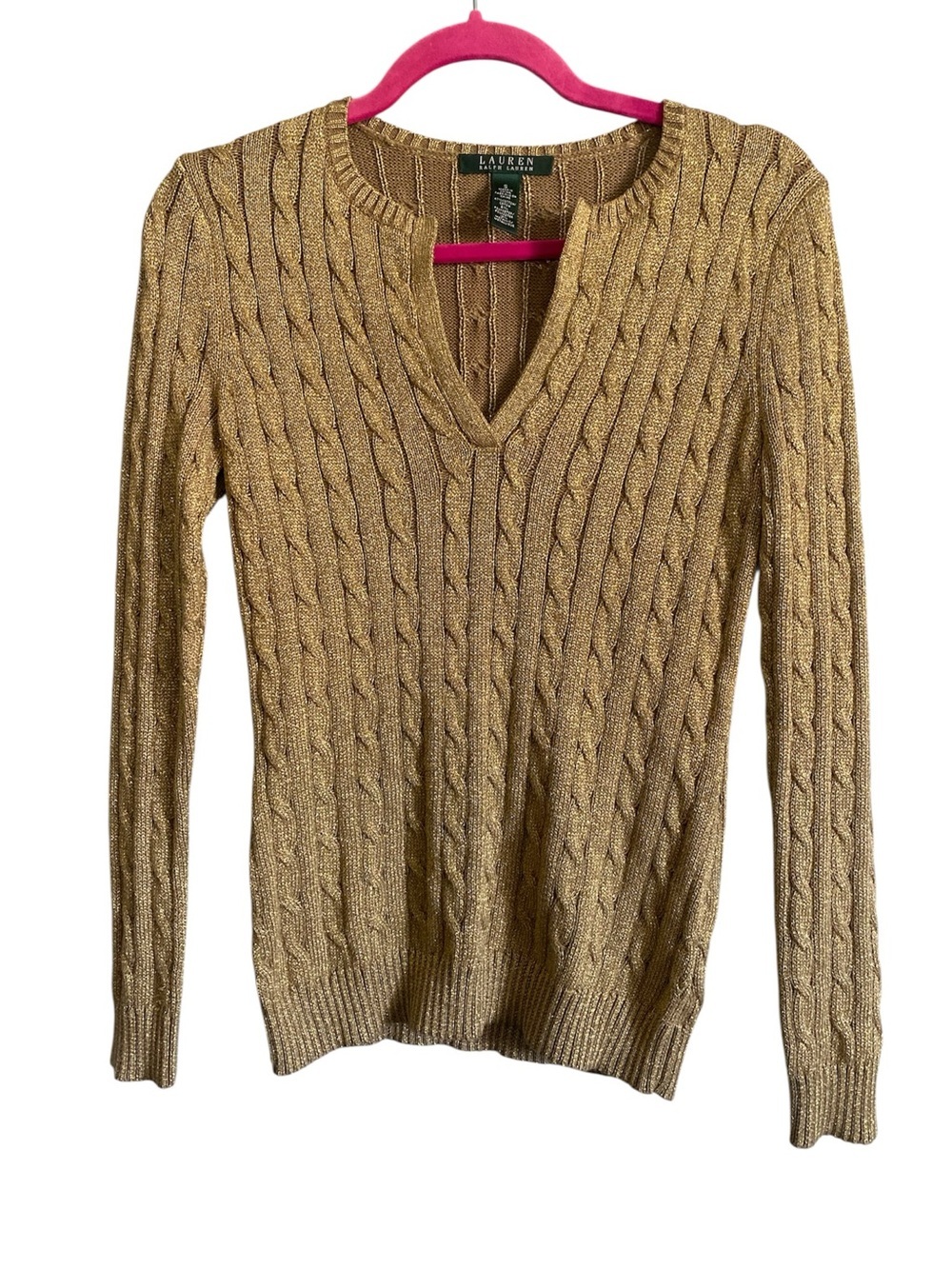 Lauren Ralph Lauren Metallic Gold Foil Knit Medium Sweater Preppy Earthy Neutral
